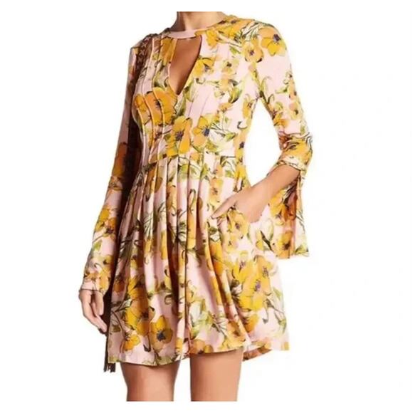 Free People Tegan Floral Cutout V-Neck Pleated Long Sleeve Mini Dress. - Picture 1 of 6